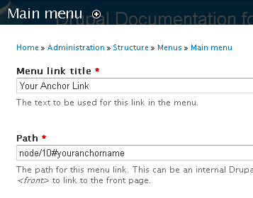 Screen shot of menu link with numerical path and anchor name