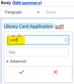 Screenshot of the improper path "card" in the Link URL