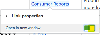 Open in new window is a toggle in the Link properties tooltip