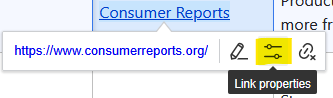The Link properties button is part of the Link tootip