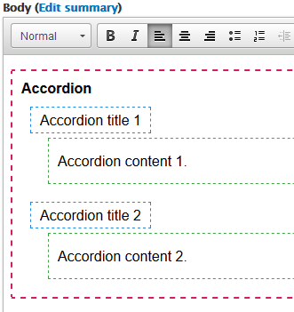A blank accordion includes two prefilled tabs surrounded by a red dashed line.
