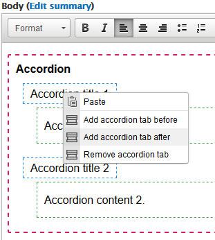The right-click menu offers options to add an accordion tab before/after the current tab, or remove the current tab.