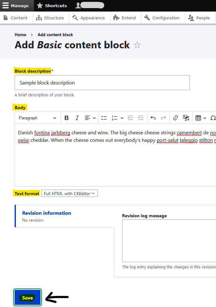 The Add screen has the following fields: Block description, Body, Text format, Revision information
