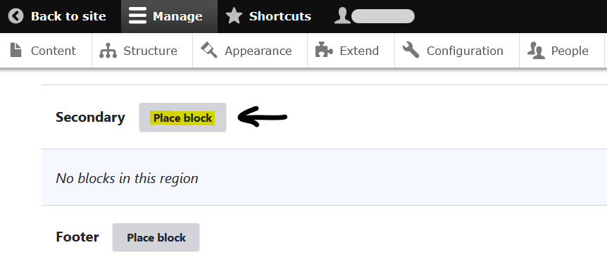 Click the Place block button next to the region where you want the block to appear