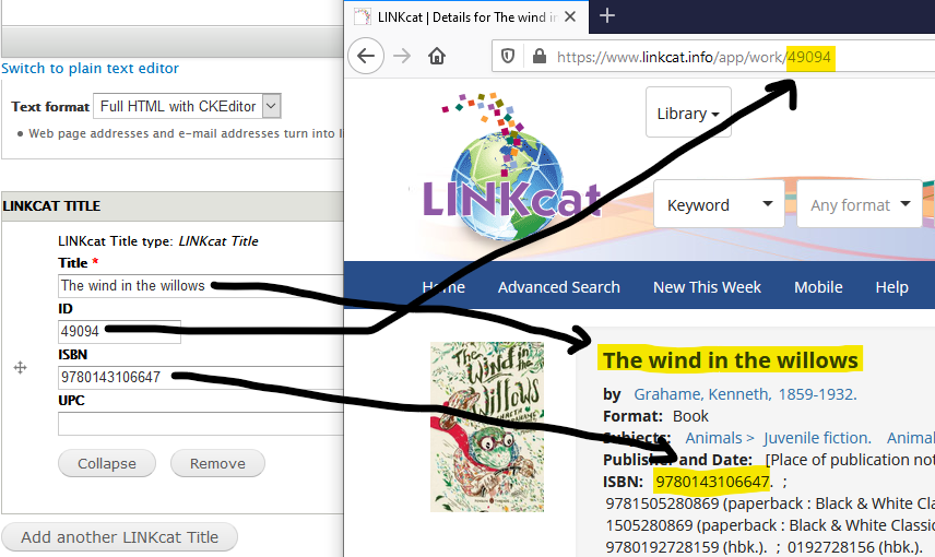 Screenshot showing where data to populate each field can be found on LINKcat item screen