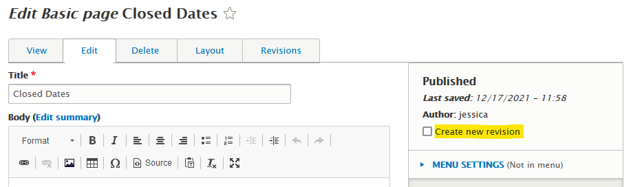 Create new revision option is found in the sidebar's top tab