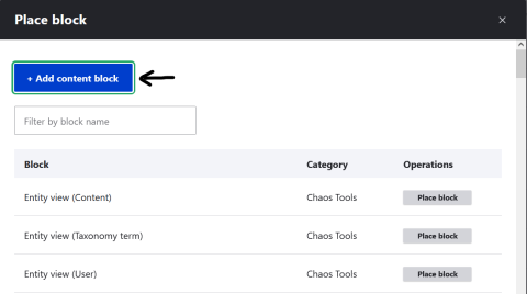 A modal with existing blocks and a button labeled Add custom block