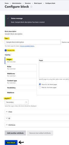 The Configure block screen controls the block title, visibility, and region